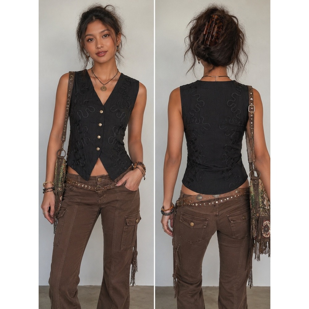 Boho Whimsigoth Y2K 80s Black Textured Embroidered Gold Buttons Petite M Vest